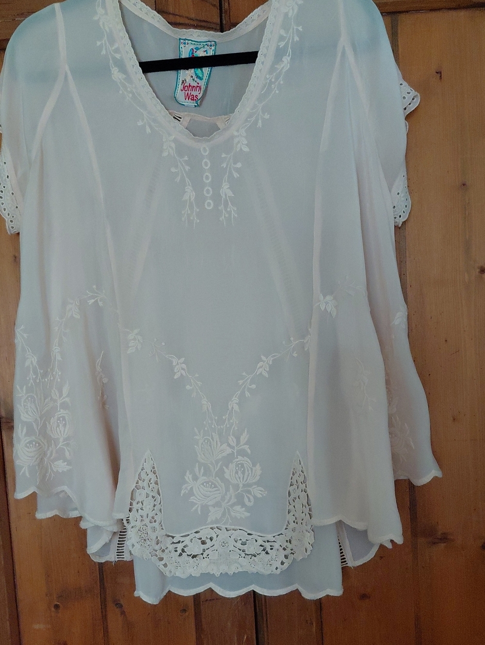 Johnny Was Blush Embroidered Crochet-Hem Boho Tunic S